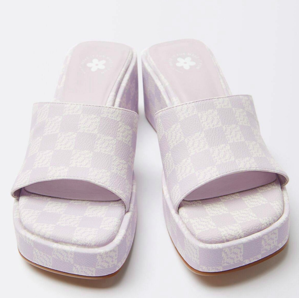 ASOS Bershka Checkerboard Wedge Mule Platform Sandals Slides Shoes Lilac Size 8